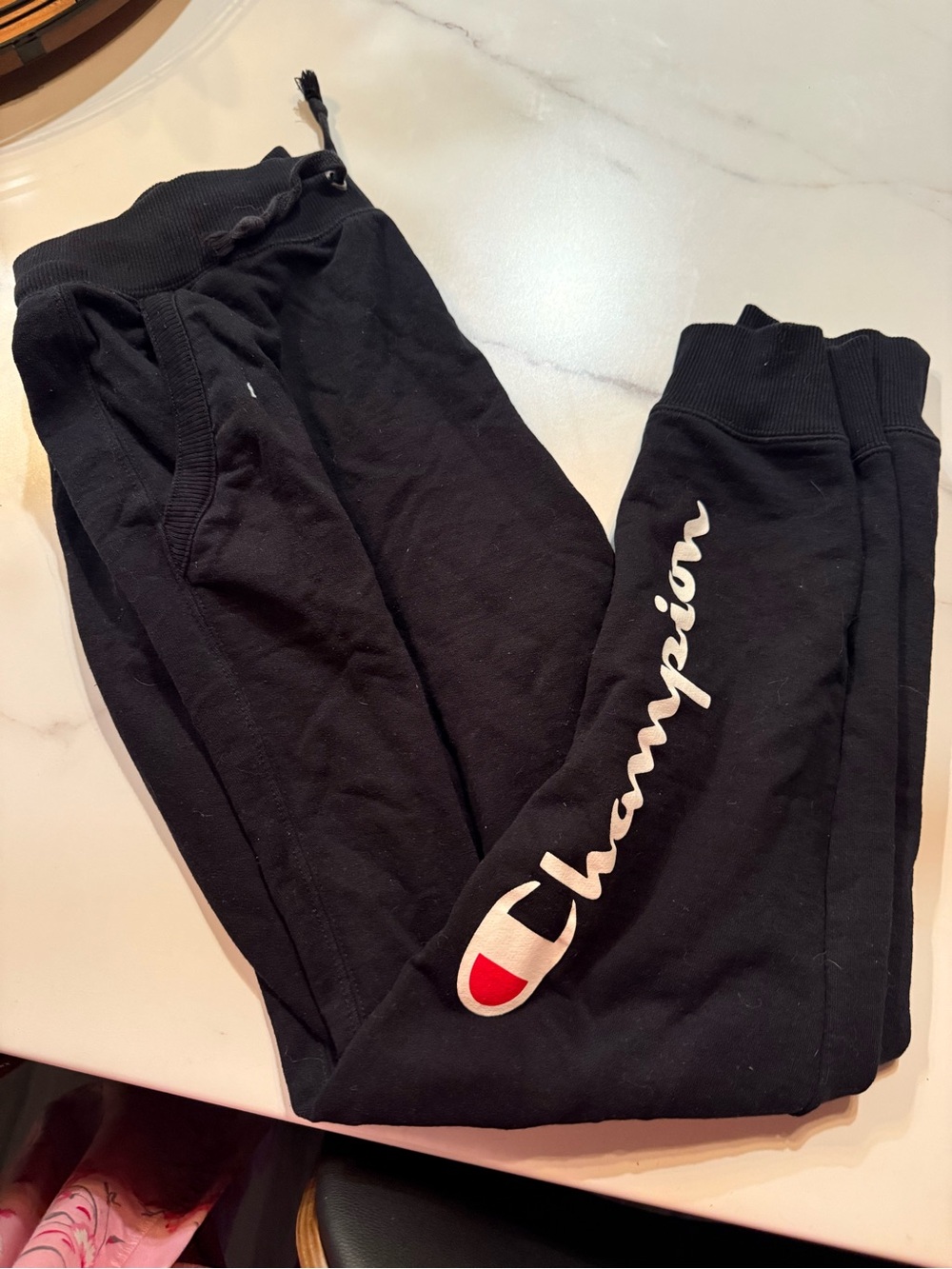 Champion Black Sweatpant with Script Logo and Red Accent